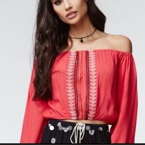 Kendall & Kylie BoHo red embroidered off the shoulder Blouse